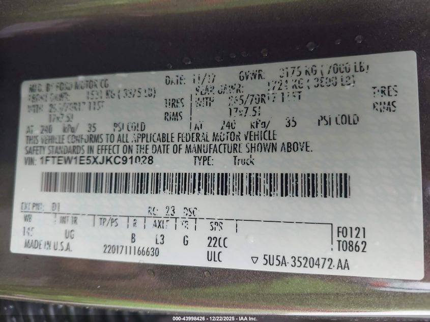 2018 Ford F-150 Xlt VIN: 1FTEW1E5XJKC91028 Lot: 43998426