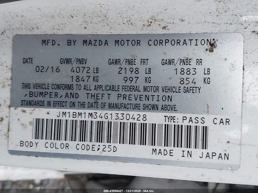 2016 Mazda Mazda3 S Touring VIN: JM1BM1M34G1330428 Lot: 43998427