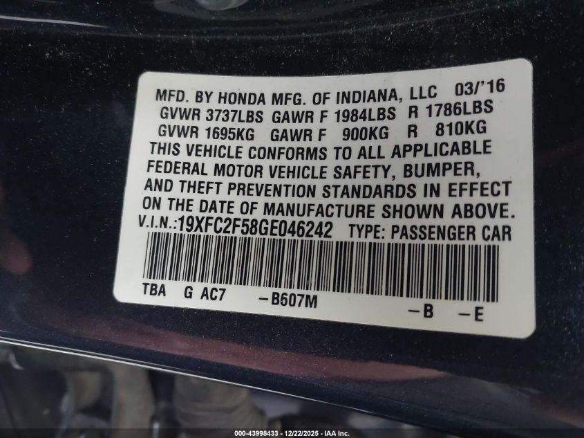 2016 Honda Civic Lx VIN: 19XFC2F58GE046242 Lot: 43998433