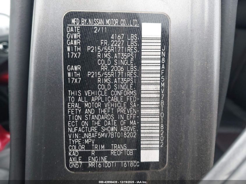 2011 Nissan Juke Sl VIN: JN8AF5MV7BT018202 Lot: 43998439