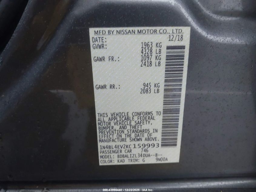 2019 Nissan Altima 2.5 Sl VIN: 1N4BL4EV2KC159993 Lot: 43998440