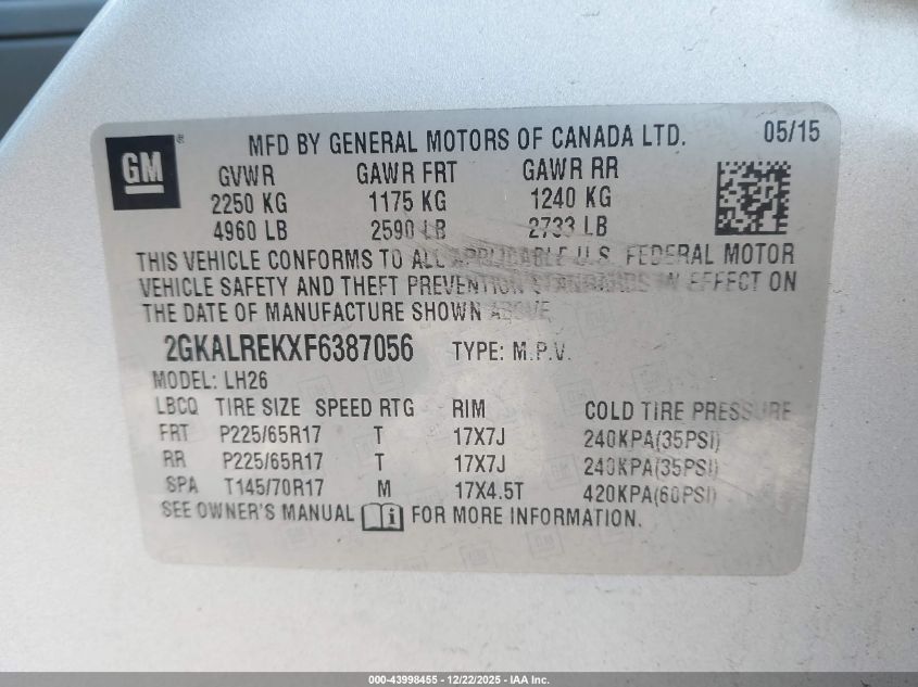 2015 GMC Terrain Sle-2 VIN: 2GKALREKXF6387056 Lot: 43998455