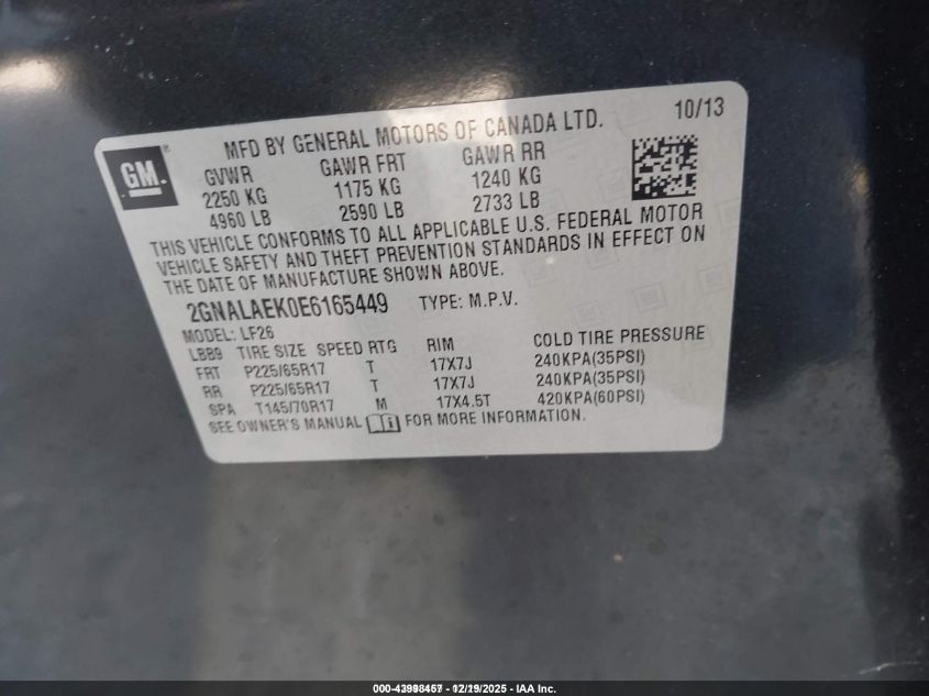 2014 Chevrolet Equinox Ls VIN: 2GNALAEK0E6165449 Lot: 43998457