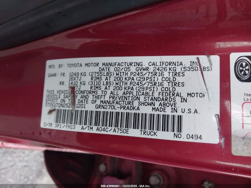 2005 Toyota Tacoma Prerunner V6 VIN: 5TEKU72N25Z051201 Lot: 43998461