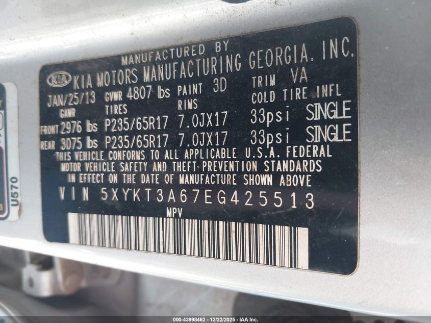 2014 Kia Sorento Lx VIN: 5XYKT3A67EG425513 Lot: 43998462