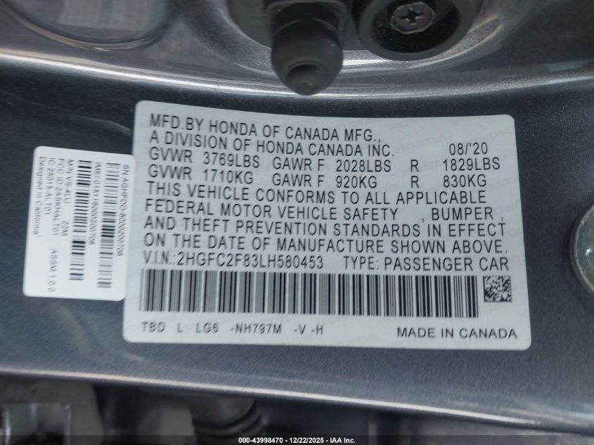 2020 Honda Civic Sport VIN: 2HGFC2F83LH580453 Lot: 43998470