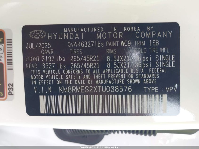 2026 Hyundai Palisade Calligraphy VIN: KM8RMES2XTU038576 Lot: 43998471