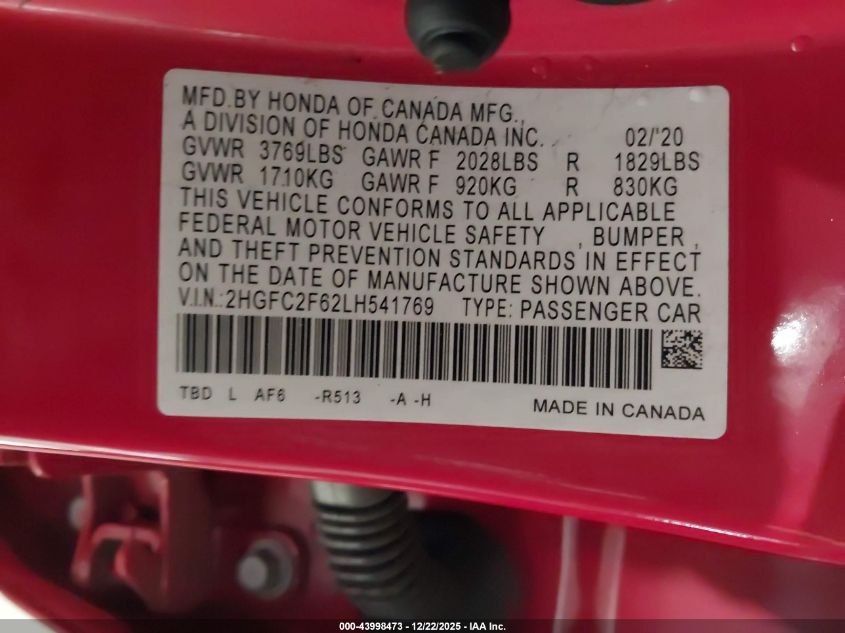 2020 Honda Civic Lx VIN: 2HGFC2F62LH541769 Lot: 43998473