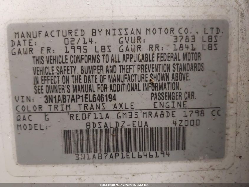 2014 Nissan Sentra Fe+ S/Fe+ Sv/S/Sl/Sr/Sv VIN: 3N1AB7AP1EL646194 Lot: 43998475