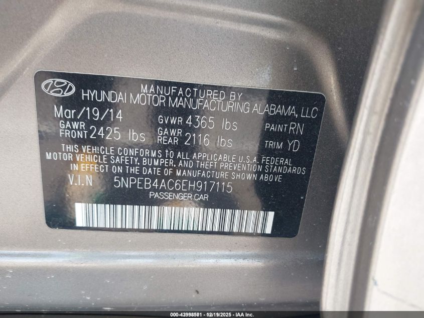 2014 Hyundai Sonata Gls VIN: 5NPEB4AC6EH917115 Lot: 43998501