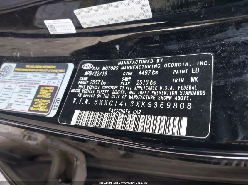 2019 Kia Optima Lx VIN: 5XXGT4L3XKG369808 Lot: 43998504