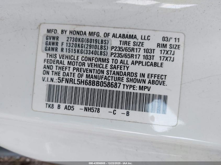 2011 Honda Odyssey Ex-L VIN: 5FNRL5H68BB058687 Lot: 43998505
