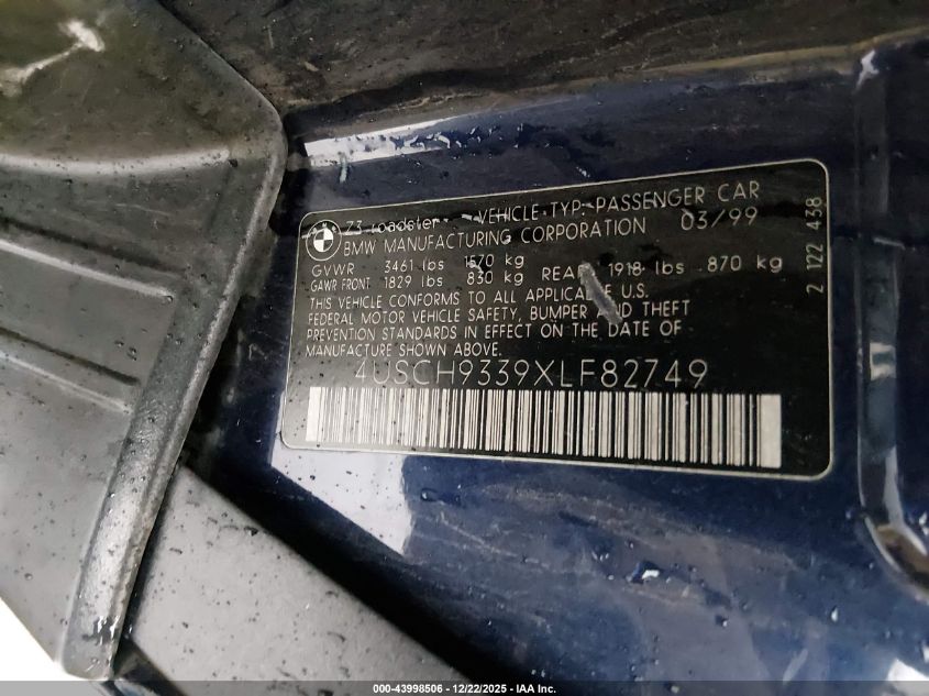 1999 BMW Z3 2.3 VIN: 4USCH9339XLF82749 Lot: 43998506