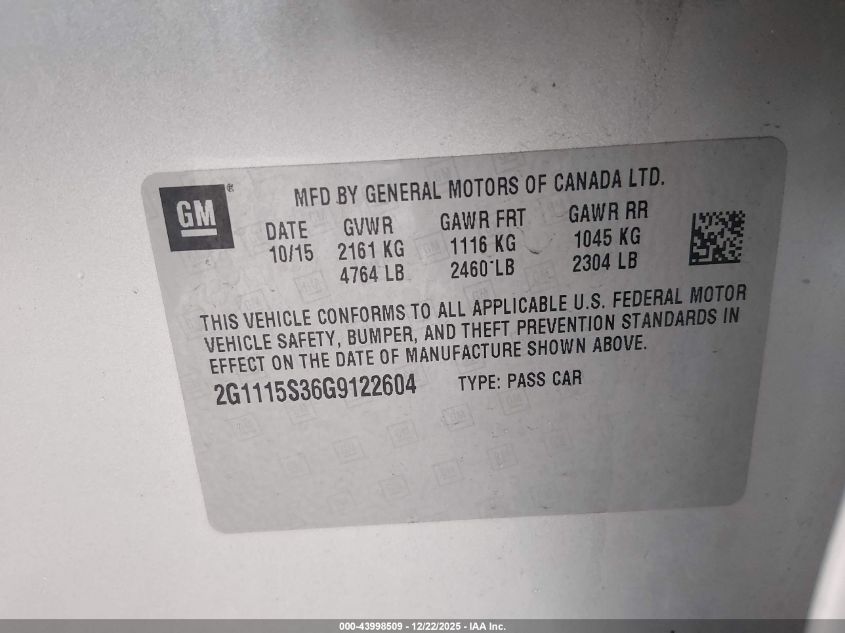 2016 Chevrolet Impala 2Lt VIN: 2G1115S36G9122604 Lot: 43998509
