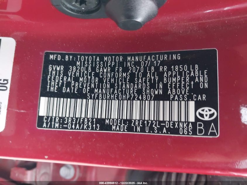 2017 Toyota Corolla Le VIN: 5YFBURHE0HP724807 Lot: 43998512