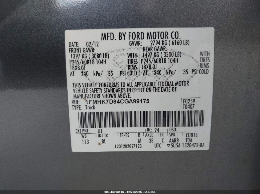 2012 Ford Explorer Xlt VIN: 1FMHK7D84CGA99175 Lot: 43998516