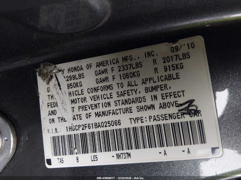 2011 Honda Accord 2.4 Se VIN: 1HGCP2F61BA025066 Lot: 43998517