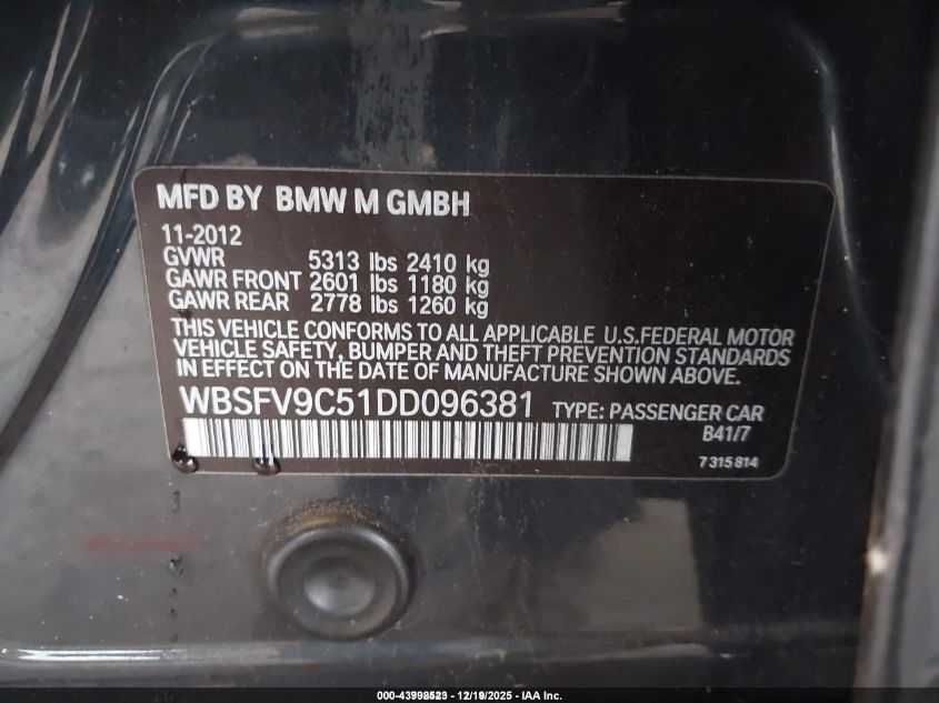 2013 BMW M5 VIN: WBSFV9C51DD096381 Lot: 43998523
