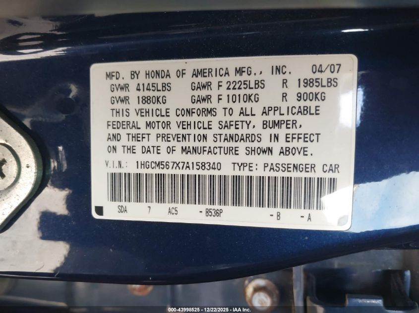 2007 Honda Accord 2.4 Ex VIN: 1HGCM567X7A158340 Lot: 43998525