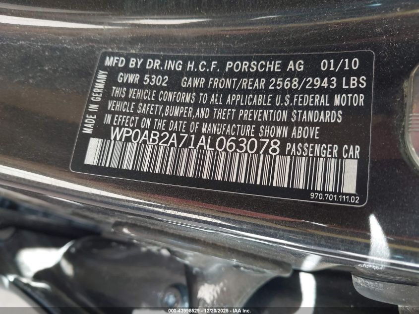 2010 Porsche Panamera S VIN: WP0AB2A71AL063078 Lot: 43998529