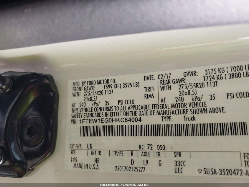 2017 Ford F-150 Lariat VIN: 1FTEW1EG0HKC84004 Lot: 43998533