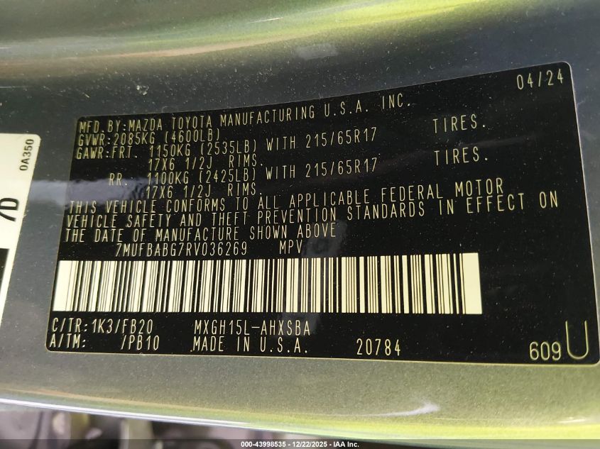 2024 Toyota Corolla Cross Hybrid Se VIN: 7MUFBABG7RV036269 Lot: 43998535