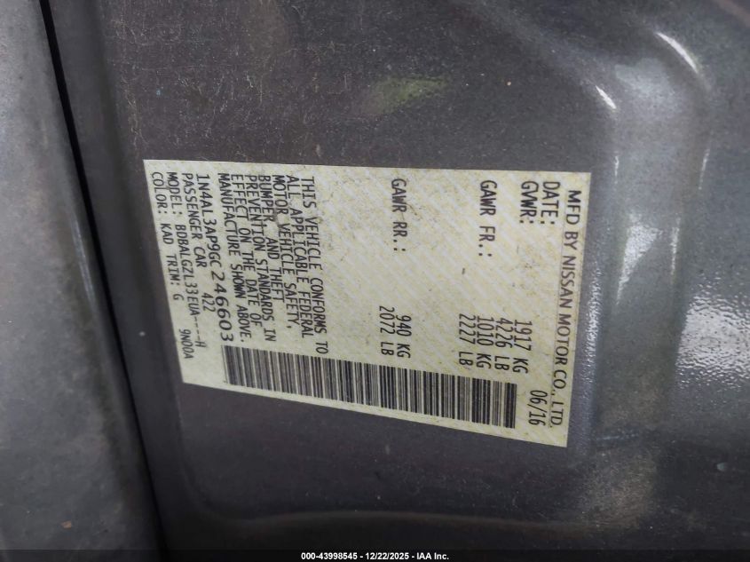 2016 Nissan Altima 2.5 S VIN: 1N4AL3AP9GC246603 Lot: 43998545