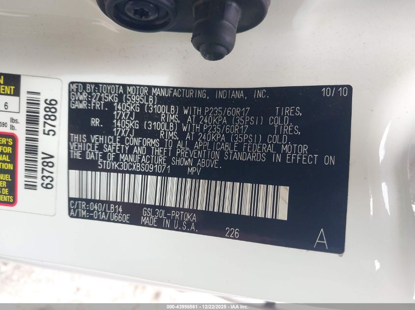 2011 Toyota Sienna Xle V6 VIN: 5TDYK3DCXBS091071 Lot: 43998561