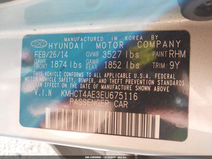 2014 Hyundai Accent Gls VIN: KMHCT4AE3EU675116 Lot: 43998565