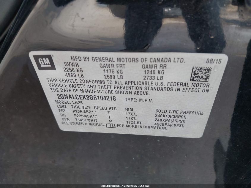 2016 Chevrolet Equinox Lt VIN: 2GNALCEK8G6104218 Lot: 43998566