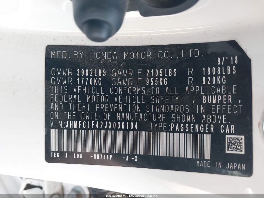 2018 Honda Civic Ex-T VIN: JHMFC1F42JX036104 Lot: 43998571