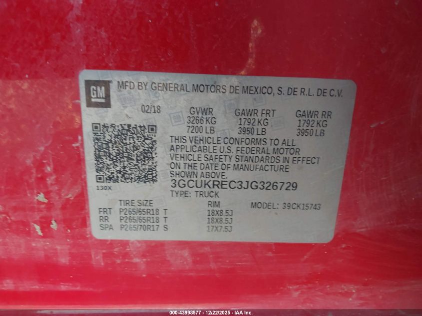2018 Chevrolet Silverado 1500 2Lt VIN: 3GCUKREC3JG326729 Lot: 43998577