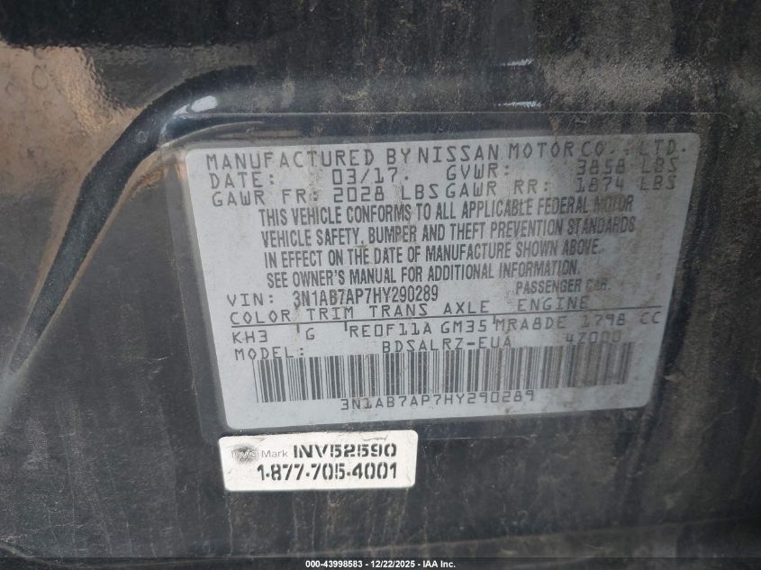 2017 Nissan Sentra Sr VIN: 3N1AB7AP7HY290289 Lot: 43998583