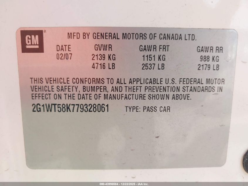 2007 Chevrolet Impala Lt VIN: 2G1WT58K779328061 Lot: 43998584