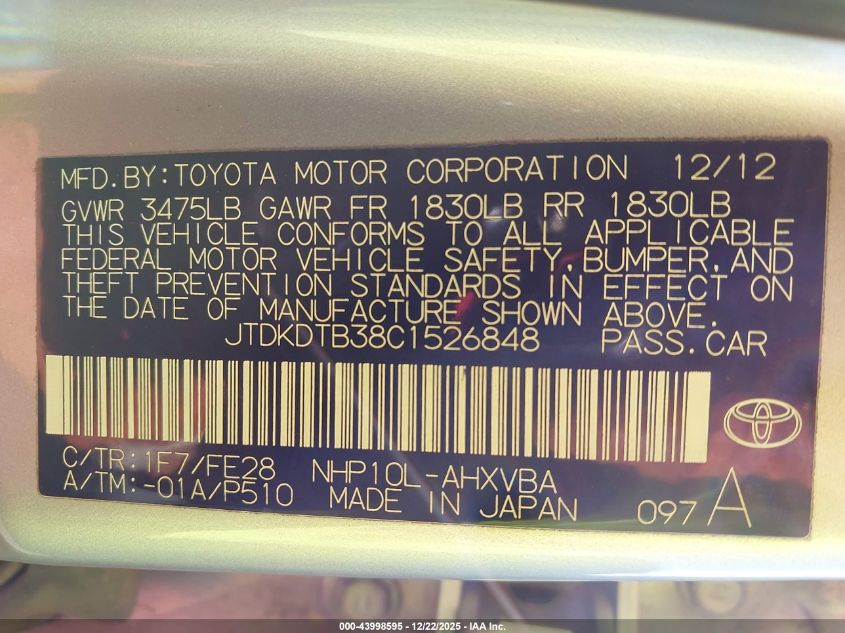 2012 Toyota Prius C One VIN: JTDKDTB38C1526848 Lot: 43998595