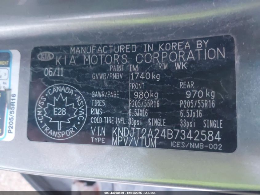 2011 Kia Soul !/+/Sport VIN: KNDJT2A24B7342584 Lot: 43998599