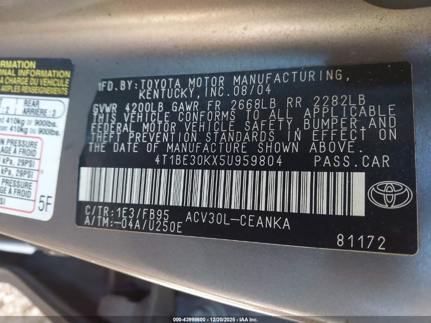 2005 Toyota Camry Le VIN: 4T1BE30KX5U959804 Lot: 43998600