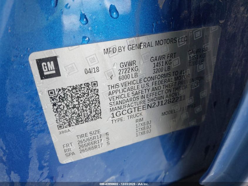 2018 Chevrolet Colorado Zr2 VIN: 1GCGTEEN2J1282211 Lot: 43998602