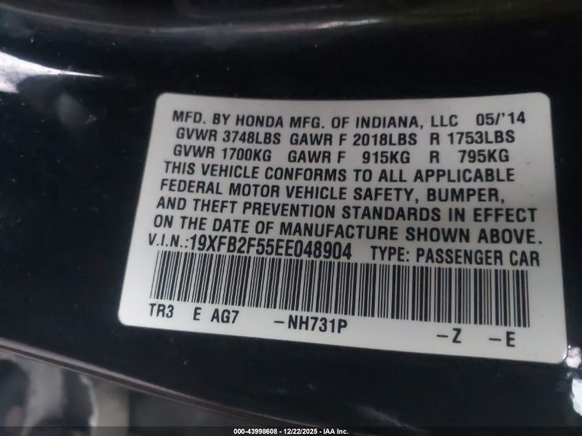 2014 Honda Civic Lx VIN: 19XFB2F55EE048904 Lot: 43998608
