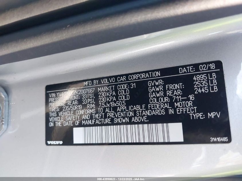 2019 Volvo Xc40 T5 Momentum/T5 R-Design VIN: YV4162XZ2K2007667 Lot: 43998623