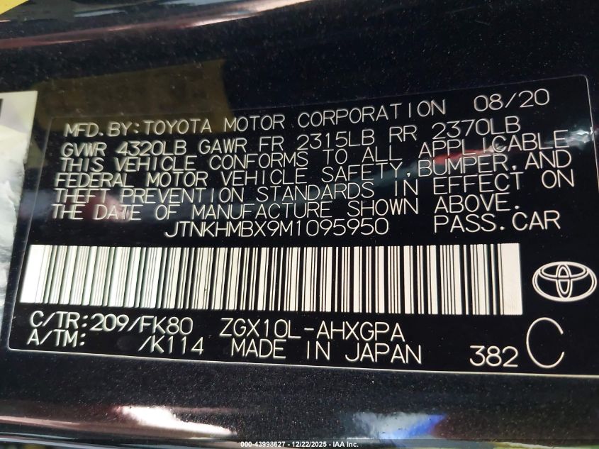 2021 Toyota C-Hr Xle VIN: JTNKHMBX9M1095950 Lot: 43998627