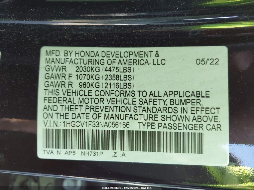 2022 Honda Accord Sport VIN: 1HGCV1F33NA056166 Lot: 43998636