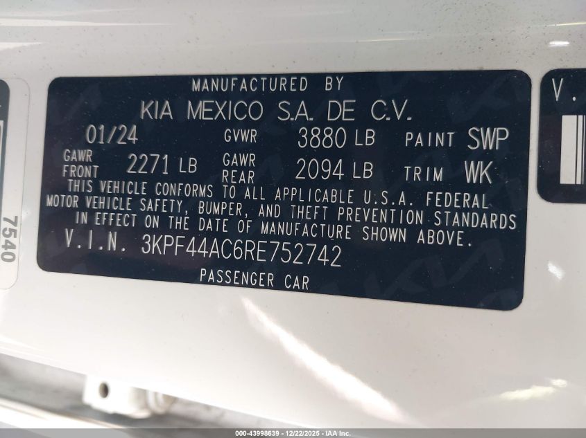 2024 Kia Forte Gt Manual VIN: 3KPF44AC6RE752742 Lot: 43998639