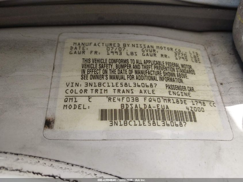 2008 Nissan Versa 1.8S VIN: 3N1BC11E58L360687 Lot: 43998646