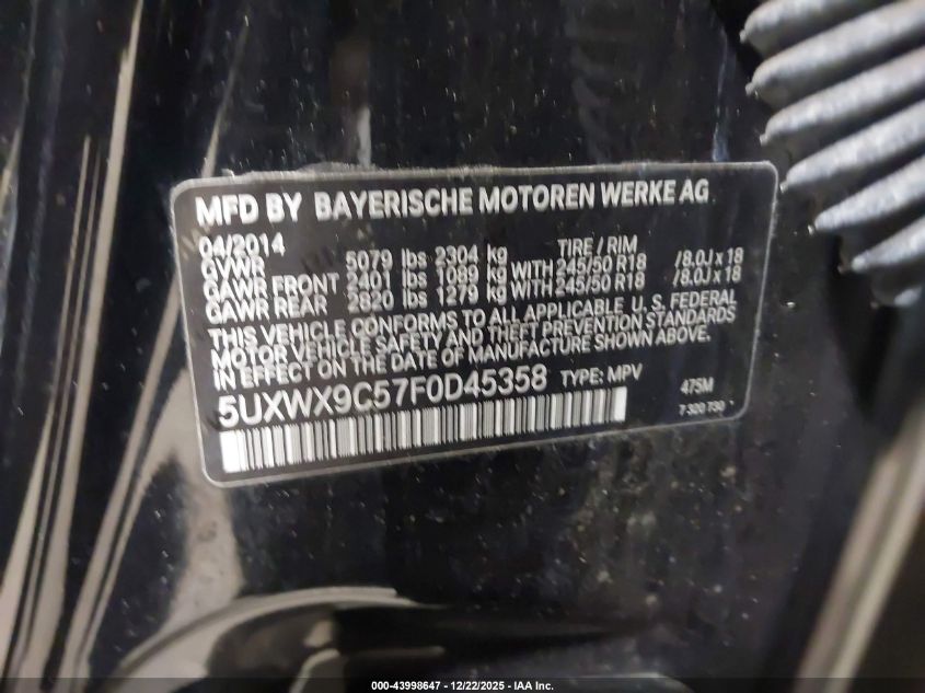 2015 BMW X3 xDrive28I VIN: 5UXWX9C57F0D45358 Lot: 43998647