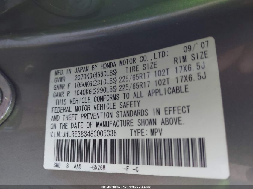 2008 Honda Cr-V Lx VIN: JHLRE38348C005336 Lot: 43998657