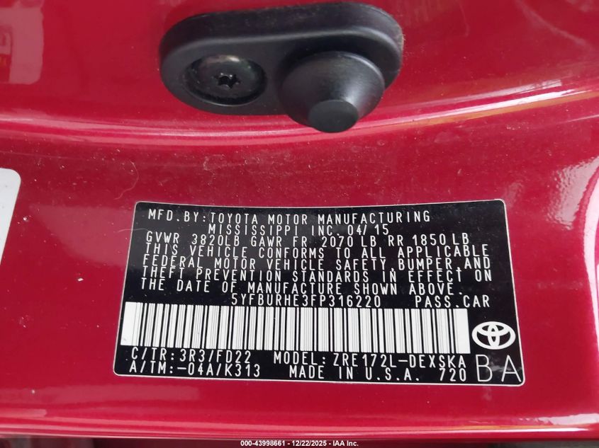 2015 Toyota Corolla S Plus VIN: 5YFBURHE3FP316220 Lot: 43998661