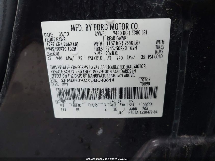 2013 Ford Edge Limited VIN: 2FMDK3KCXDBC40614 Lot: 43998666