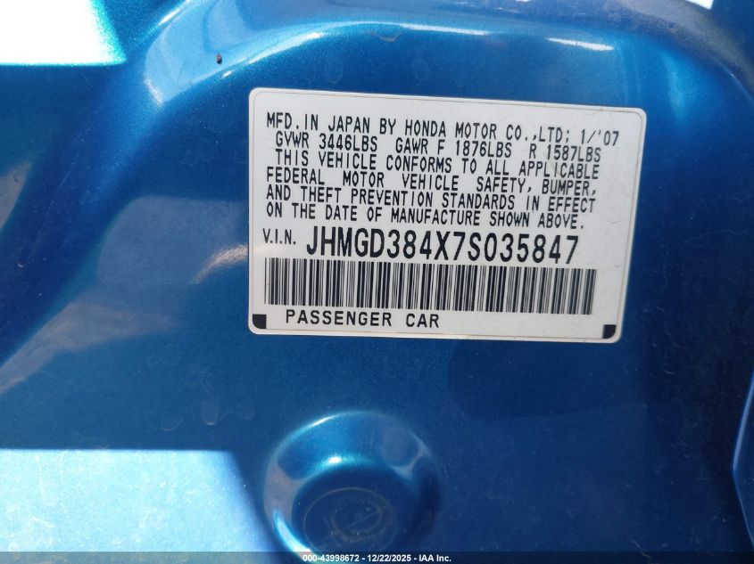 2007 Honda Fit VIN: JHMGD384X7S035847 Lot: 43998672