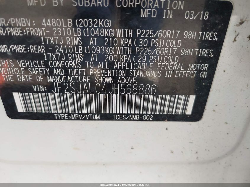2018 Subaru Forester 2.5I Limited VIN: JF2SJALC4JH568886 Lot: 43998674